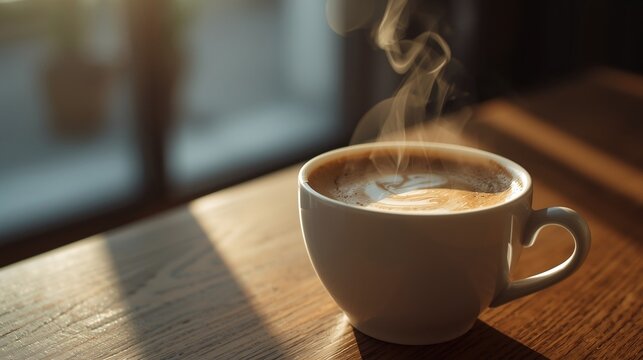 A steaming cup of coffee on a wooden table in the sunlight.