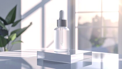 Serum bottle on a glass stand with sunlight background.