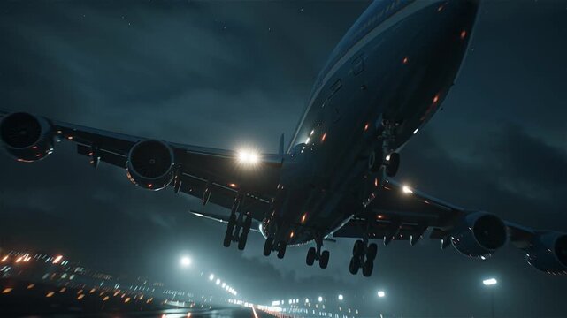 Boeing 747 taking off from the runway at night with lights and dark cloudy sky