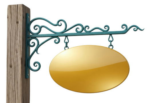 Vintage golden sign isolated PNG on transparent background, oval signboard with wrought iron bracket for shop or restaurant - Powered by Adobe