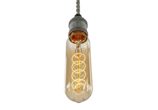 Vintage Edison light bulb isolated PNG, antique style filament lamp on transparent background for retro design and decoration use