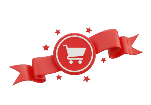 Red ribbon with shopping cart icon isolated PNG, online sale banner for e-commerce promotion and retail marketing campaign