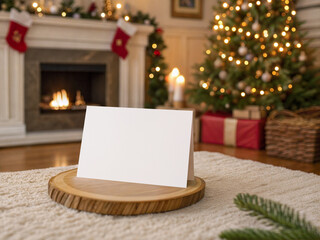 Christmas Card Mockup with Fireplace and Tree