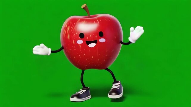A cheerful apple character with shoes and gloves on a green screen background in a cartoon style