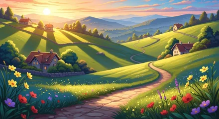 Wandcirkels Geel Idyllic countryside landscape at sunrise with rolling hills and blooming wildflowers  © Repa