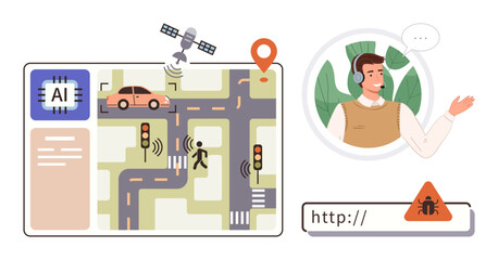 AI-driven traffic system with satellite, signals, and cars. Alert with bug symbol on browser. Customer service person. Ideal for AI, traffic safety, cybersecurity, automation tech support