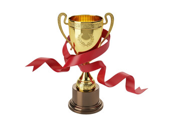 Golden trophy cup with red ribbon isolated PNG, award prize for winner or champion on transparent background, victory achievement concept