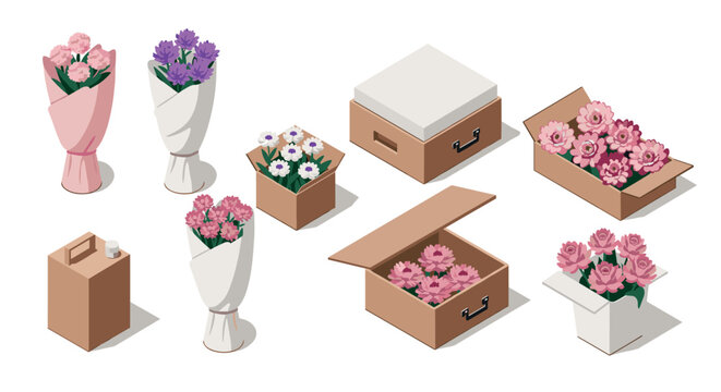 Beautiful isometric flower arrangements in boxes and bouquets