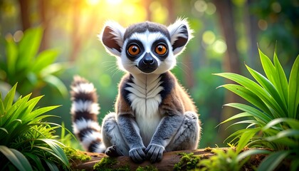 Naklejka premium Adorable Ring-Tailed Lemur Portrait in Lush Jungle Setting.