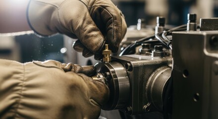 Mechanic in protective glove adjusting a part on an industrial machine. Close up of skilled worker performing maintenance on factory equipment.