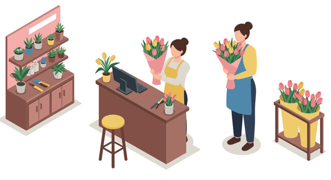 Charming flower shop interior with florist arranging colorful bouquets in isometric style