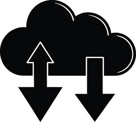 Cloud storage with upload and download arrows represents data transfer system