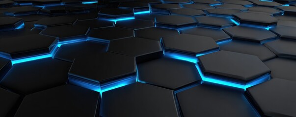 Dark hexagonal surface pattern with glowing blue light accents.