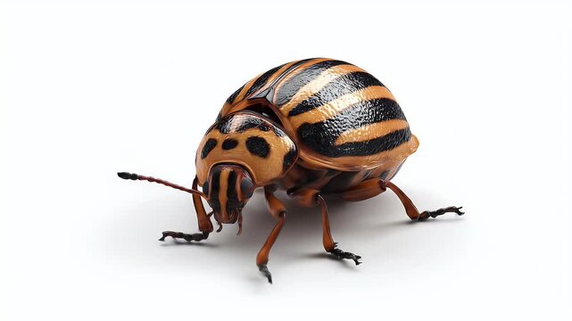 Detailed Close-up of a Colorado Potato Beetle on White Background.