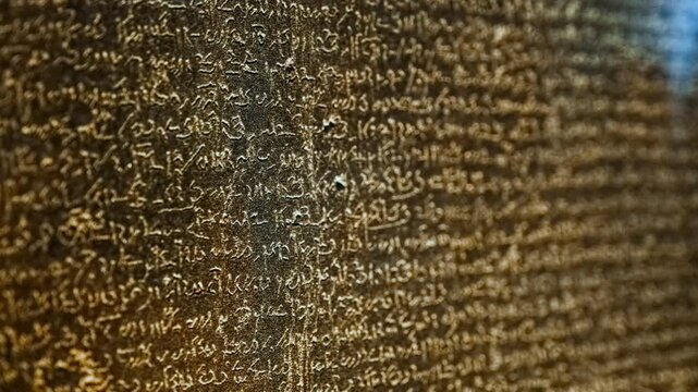 The famous Rosetta Stone with inscriptions in Egyptian Hieroglyphs, Demotic script and Ancient Greek dating back to 196 BC