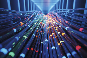 A lot of long colored optical communication cables.