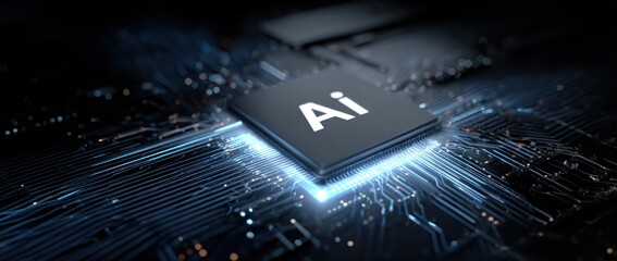 Glowing artificial intelligence chip on a dark circuit board closeup.