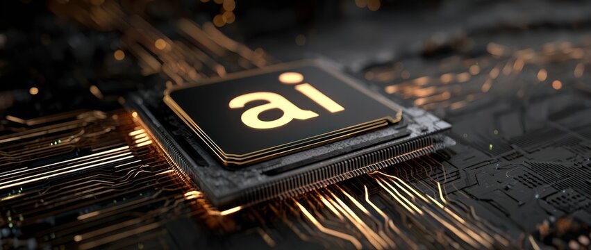 Glowing ai chip on dark circuit board with golden light trails