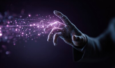 Digital hand interacts with streams of glowing purple energy particles