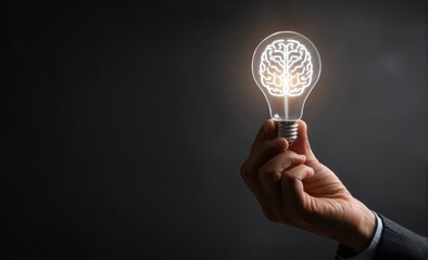 Hand holding glowing lightbulb with brain outline against dark background