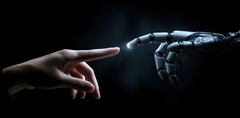 Human and robot fingers nearly touching against a dark background.