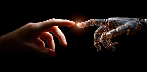 Human finger nearly touching glowing robotic finger against black background