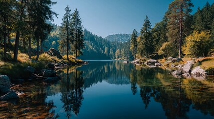 Discover the breathtaking beauty of a serene mountain lake with crystal clear water reflecting the surrounding forest in stunning detail for travel inspiration