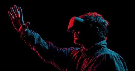 Man wearing virtual reality headset interacts with digital space dramatically lit.