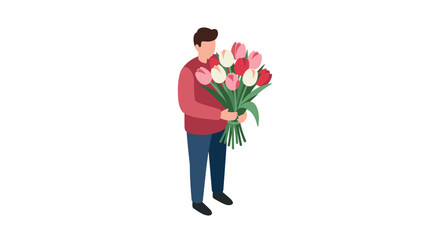 Man holding tulip bouquet in isometric style on white background
