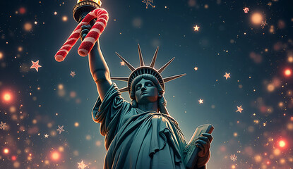 Statue of Liberty Holding Candy Cane Surrounded by Christmas Lights Snowflakes and USA Flag Colors Festive Banner