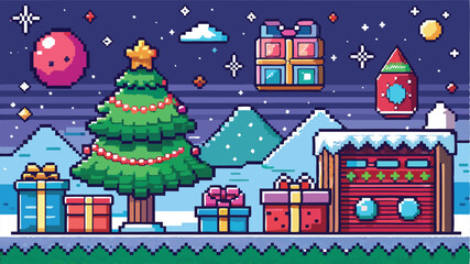 Pixel art Christmas scene with retro TV, presents, and tree, A nostalgic 8-bit holiday gaming experience