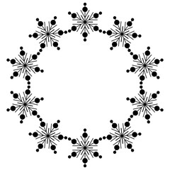 Winter frame of snowflakes with place for text. Many snowflakes on white background. Monochrome decorative design element. Mandala ornament vector illustration
