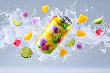 Refreshing Fruit Soda Can with Splash of Water and Colorful Ice Cubes