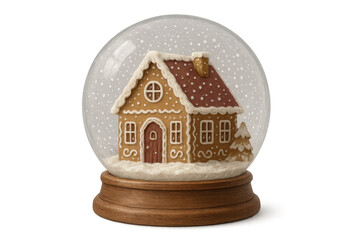 Gingerbread house in a snow globe with falling snow, festive christmas holiday decoration and winter celebration concept