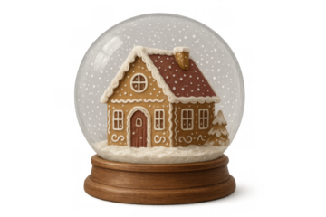 Gingerbread house in a snow globe with falling snow, festive christmas holiday decoration and winter celebration concept
