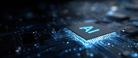 Glowing ai chip on dark futuristic circuit board with blue light.
