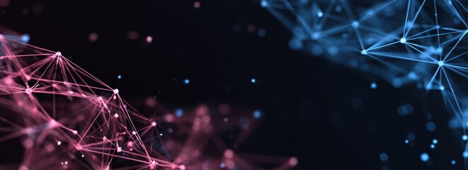 Abstract background with glowing pink and blue interconnected digital network structures.