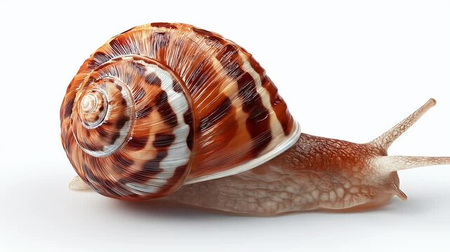 Detailed close-up of a snail with a beautiful shell on white surface.