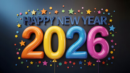 Happy New Year 2026 Celebration with Colorful Balloons and Stars.