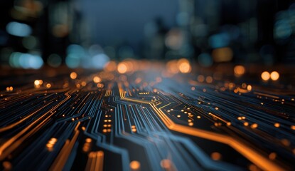 Glowing digital circuit board pathways against a dark blurred background.