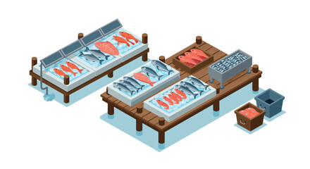 Isometric seafood market stalls with fresh fish displayed on ice