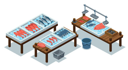 Isometric market display with fresh fish on ice and seafood stalls