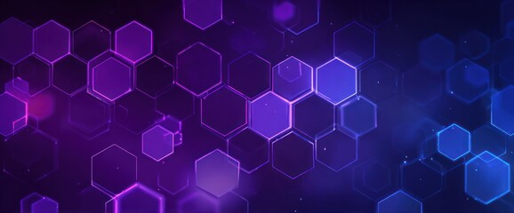 Abstract background of glowing purple and blue neon hexagons in digital space.