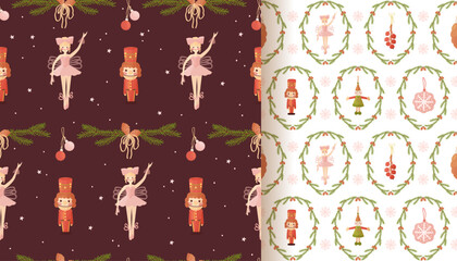 Vintage Christmas glass ornaments seamless pattern set. Nutcracker, stars, bubbles, elegance ballerina toy, Christmas tree branches. Bright holiday wrapping paper and fabric design on white and dark. © Vala Ivashchenko