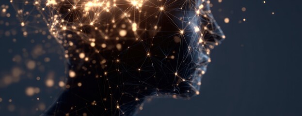Abstract glowing network forming a human head profile silhouette