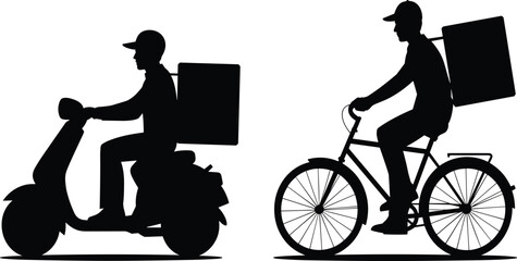 Black silhouette vector of delivery service couriers, riders on scooter and bicycle with box, representing fast food transport, logistics, and gig economy work illustration.