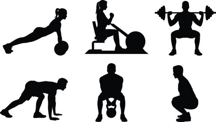Set of people exercising silhouette vector, fitness and gym workout illustration, strength training, squatting, weightlifting, and cardio activities for health and wellness design.