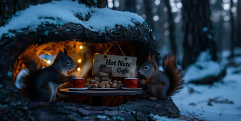 Two squirrels at “Hot Nuts Cafe” in a snowy forest, cozy handmade scene symbolizing warmth, friendship, and winter joy. perfect for winter branding, greetings, and holiday campaigns.