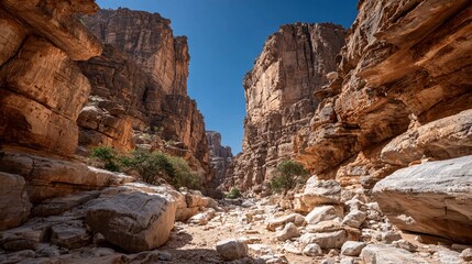 Explore a breathtaking canyon with striking rock formations under a brilliant blue sky, perfect for adventure travel and showcasing nature's raw beauty