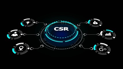 Csr concept with icons for business growth people and ideas on dark background corporate social